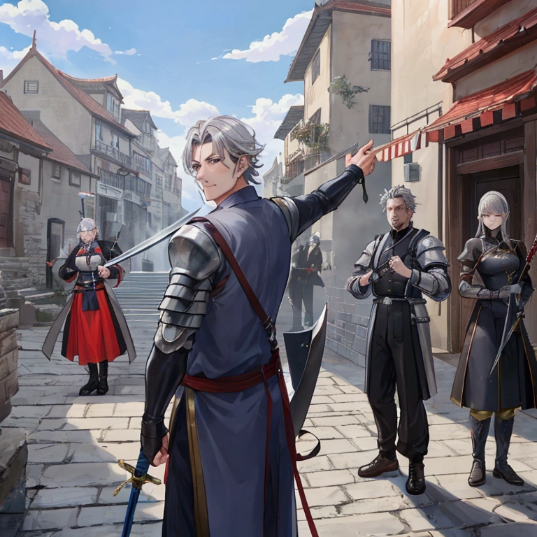 Middle-aged men、Gray Hair、Dressed as an adventurer、Holding a sword、Teaching residents the basics of defense and attack。A scene where the residents are being trained in the town square