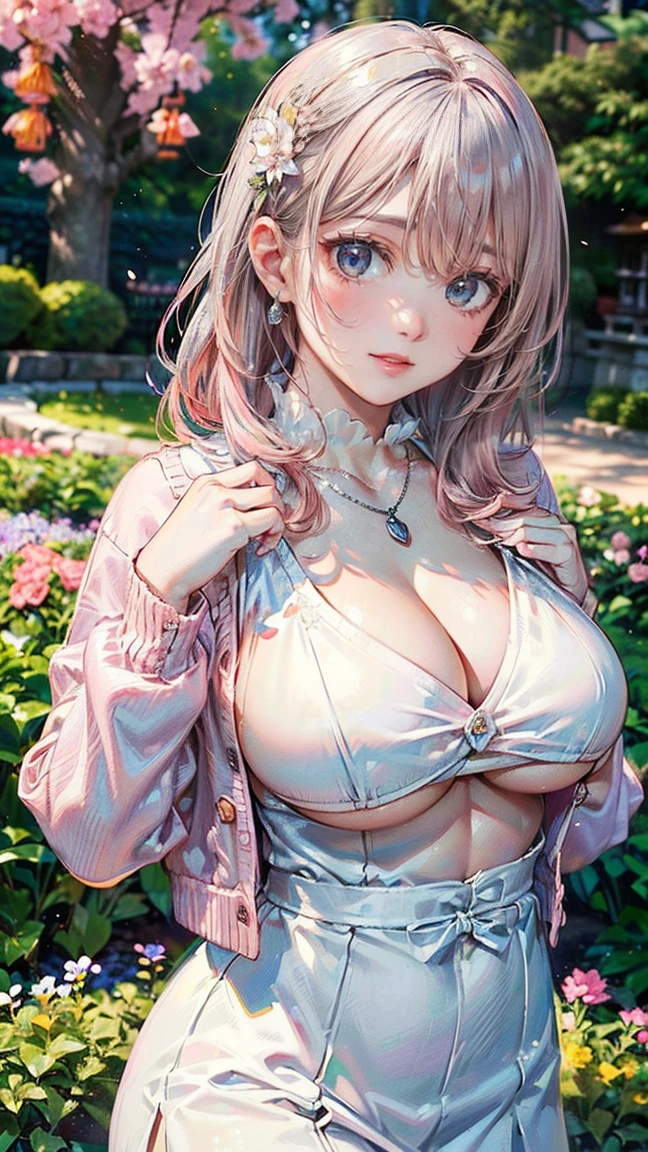 ((Highest quality, 8k, masterpiece :1.3)), (Sharp focus :1.2, Beautiful woman with perfect figure :1.4, Slim Abs :1.2), ((Big Breasts, Emphasize cleavage, The underboob is visible:1.3)), (Photorealistic:1.4), (realistic:1.4), (Pink Hair:1.5), Highly detailed face and skin texture, Fine grain, double eyelid. Makeup face, A little bit of lipstick, sex appeal, Sexy gravure pose, ((A Japanese high school girl wearing a pure white dress and a pink cardigan。The background is a flowerbed in the garden.、Smiling among flowers。Accessory: silver necklace。:1.3)