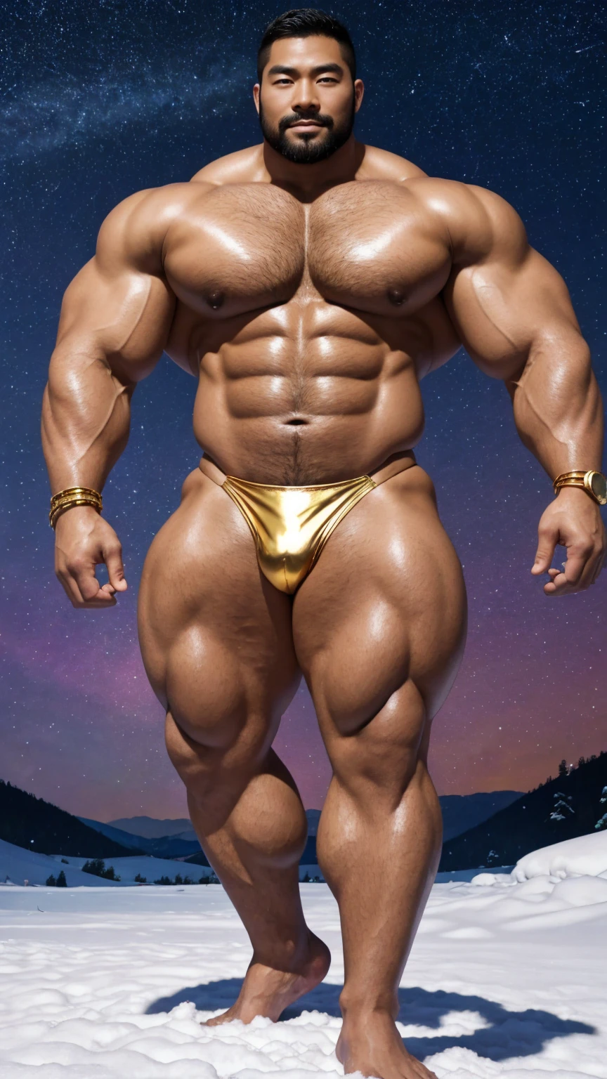 There is only one handsome Chinese man in the photo,35 years old,tall, Fitness,Smooth body,Smooth skin,No chest hair,short hair, O-Shaped Beard,Perfect body, Dark skin color,Radiant Skin,Smooth skin,Shiny, shiny skin,Smooth pectoral muscles,Muscle bulge, muscular, Very large pectoral muscles,Very sexy abdominal muscles,Very well-developed leg muscles,Huge concave and convex area,Brightens oily skin,Wearing a shiny gold leather thong,Handsome face,Normal human toes,Correct and accurate male body proportions,Gold Collar,Gold bracelet,Gold anklets,Standing in the snow,Night sky,A sky full of stars,There are auroras,Colorful,Charming dream scene,Epic。