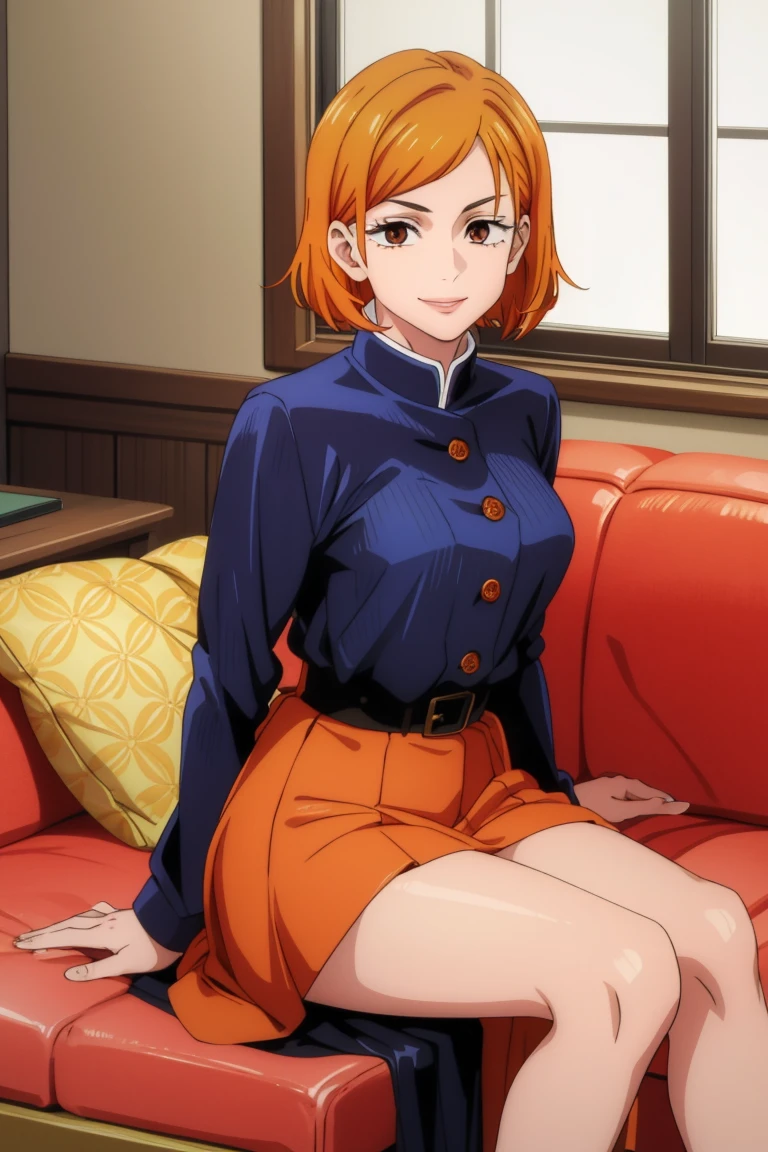 (Masterpiece of Art, best quality specialist), 1 girl , Nobara Kugusaki, Dazzling, sitting on Bad , indoors, sexy dress, , smile, another, another,orange Hair , Look Like Nobara 