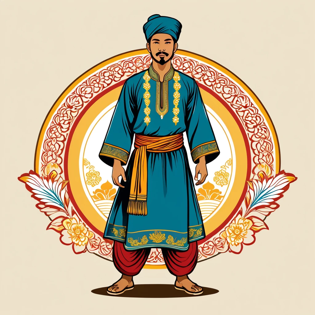 man in malaysian folk outfit, vector graphics, strong contours
