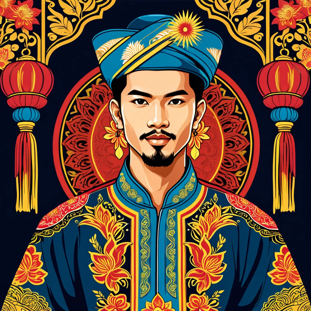 man in malaysian folk outfit, vector graphics, strong contours