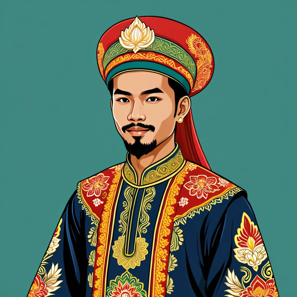 man in malaysian folk outfit, vector graphics, strong contours
