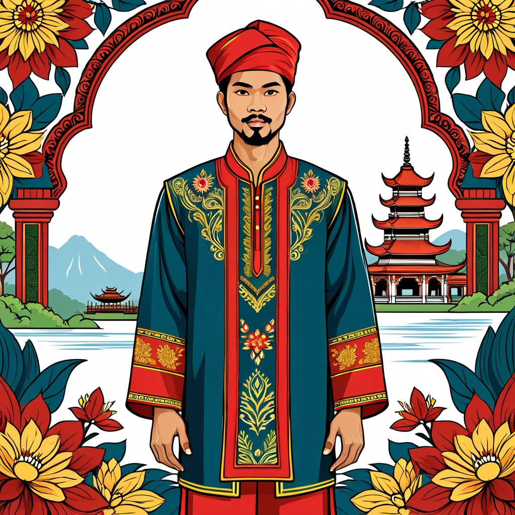 man in malaysian folk outfit, vector graphics, strong contours