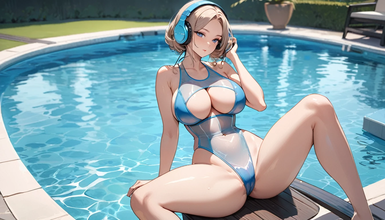 ((Top Quality)), ((Masterpiece)), ((Details)), perfect face, perfect body, sitting by the pool, listening to music, wearing headphones, wearing swimsuit, transparent swimsuit, wearing clothes exposing tight hips and breasts Woman with face visible, sitting with legs apart, big breast, big hip