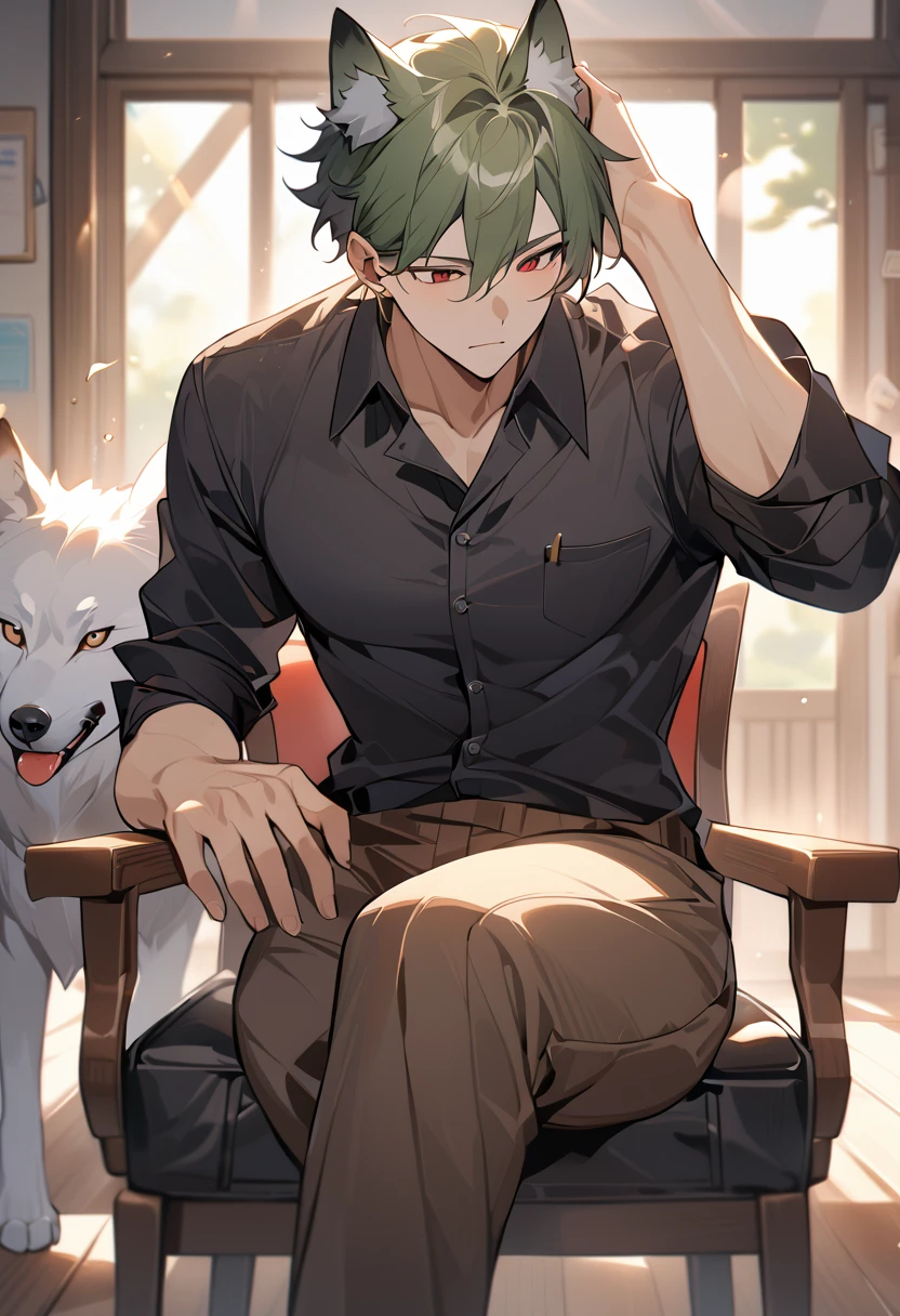 One Chico, Wolf, Green fur,Red eyes,A relatively strong body,Black shirt,Brown pants,sit on the chair,School Teacher,Sunlight,boring,Left hand with strap,Right hand on the head,Exquisite,masterpiece,There is a white spot on the ear