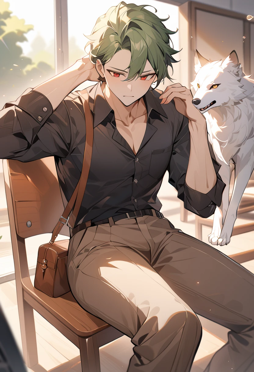 One Chico, Wolf, Green fur，Red eyes，A relatively strong body，Black shirt，Brown pants，sit on the chair，School Teacher，Sunlight，boring，Left hand with strap，Right hand on the head，Exquisite，masterpiece，There is a white spot on the ear