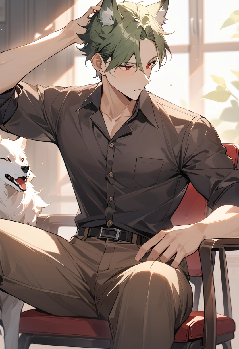One Chico, Wolf, Green fur,Red eyes,A relatively strong body,Black shirt,Brown pants,sit on the chair,School Teacher,Sunlight,boring,Left hand with strap,Right hand on the head,Exquisite,masterpiece,There is a white spot on the ear