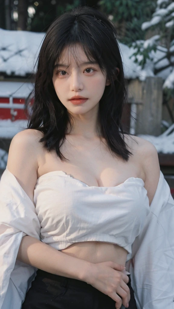 Portrait photography，1 girl，Snow Scene，Snowing background，Thickened cup strapless outer expansion underwear for women with small chest, gathered, non-slip and large, 6cm front buckle, wrapped chest, flat chest, tube top ，whole body：1.4，Lipstick，(Big Breasts:1.6)，Headband，serene，calm，(Realistic and detailed eyes，Natural skin texture，Realistic facial details)，