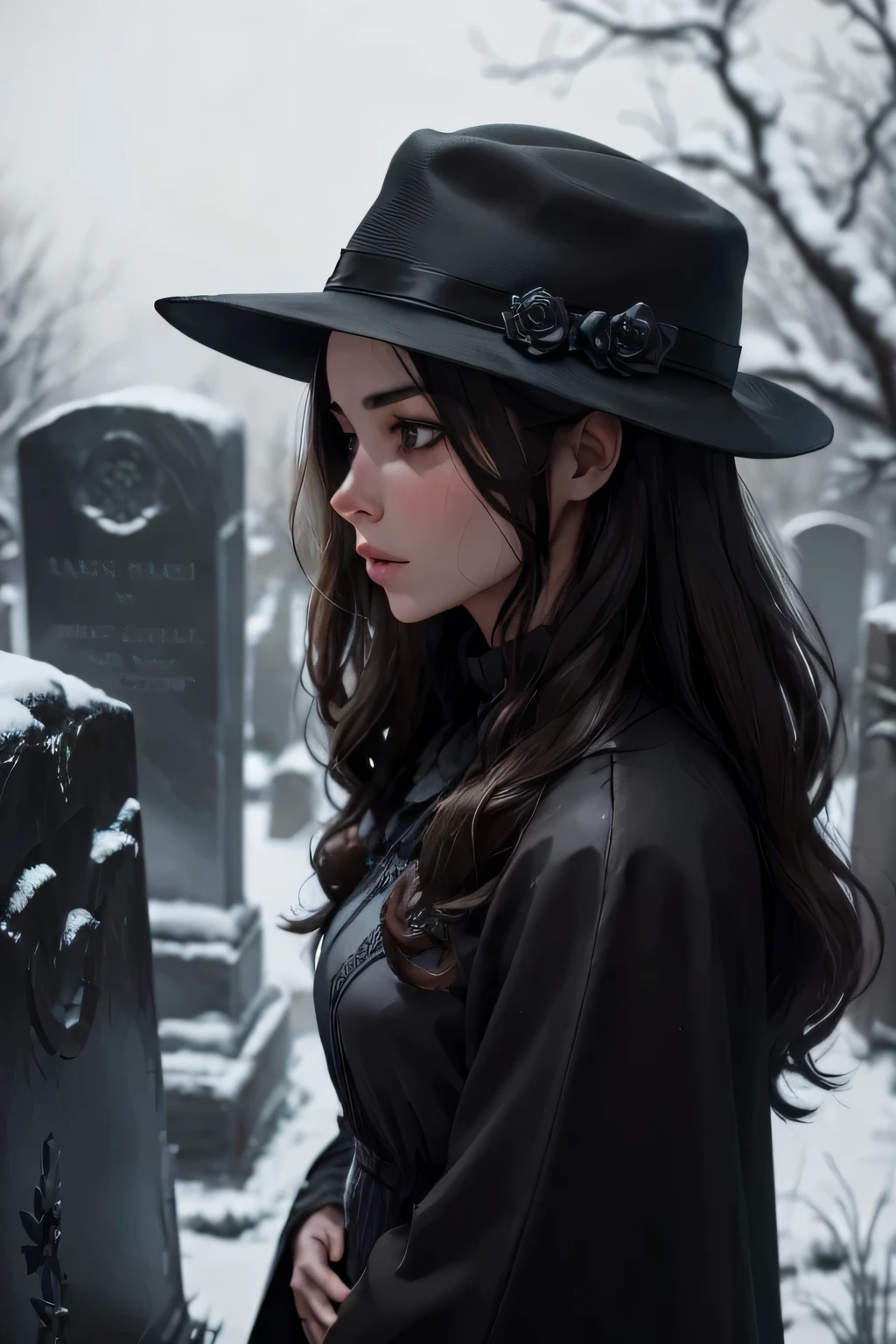 In a dark and gloomy night, a young brunette woman of stunning beauty stands near an old cemetery, gazing in profile at a gravestone. Her light brown eyes with a hint of melancholy under the faint moonlight. She wears a black Fedora hat that adds an air of mystery to her figure. Her face is framed by her dark hair, and her full lips are slightly parted, revealing a deep sadness. The woman stands beside a grave and an old marble headstone, indicating it is her late mother's grave. The environment is dark and eerie, with bare trees and twisted branches reaching towards the night sky. A slight mist covers the ground, and the silence of the place is broken only by the whisper of the wind. The atmosphere is mysterious and evocative, reflecting the sorrow and longing in the woman's profile as she gazes at the tombstone.
