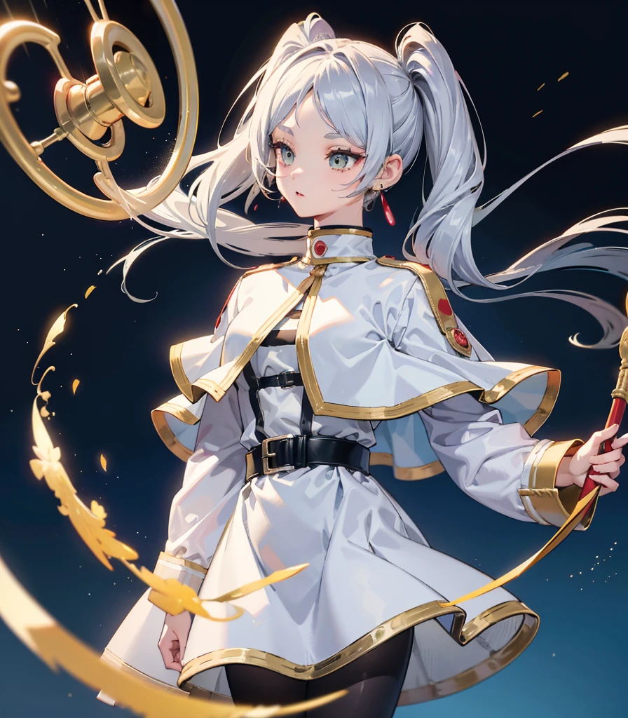 ((Highest quality)), ((masterpiece)), (detailed), Long Hair, Gray Hair, Twin tails, Pointed Ears, Earrings, Thick eyebrows, White capelet, Striped shirt, Long sleeve, belt, White Skirt, Black Pantyhose High resolution Holding a walking stick magic circle ,freeze,Upper Body