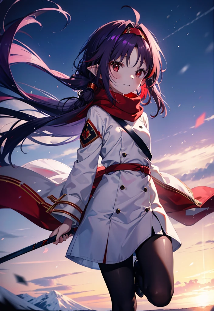 yuukikonno, Yuki Konno, hair band, Long Hair, Pointed Ears, Purple Hair,Ahoge, (Red eyes:1.5), (Small breasts:1.2),blush, smile,Open your mouth,white breath,Tokkuri Sweater,Red Scarf,Purple long coat,Long skirt,Black Pantyhose,short boots,Snow is piling up,it's snowing,whole bodyがイラスト入るように,Walking,evening,sunset,
break outdoors, Residential Street,Snow Country,
break looking at viewer, whole body,
break (masterpiece:1.2), Highest quality, High resolution, unity 8k wallpaper, (shape:0.8), (Beautiful attention to detail:1.6), Highly detailed face, Perfect lighting, Extremely detailed CG, (Perfect hands, Perfect Anatomy),