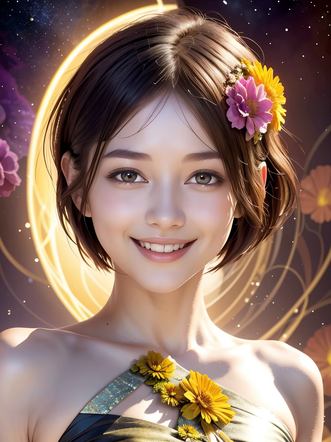 257 20-year-old female, (short hair),(Abstract background,Fractal Art), smile, flower