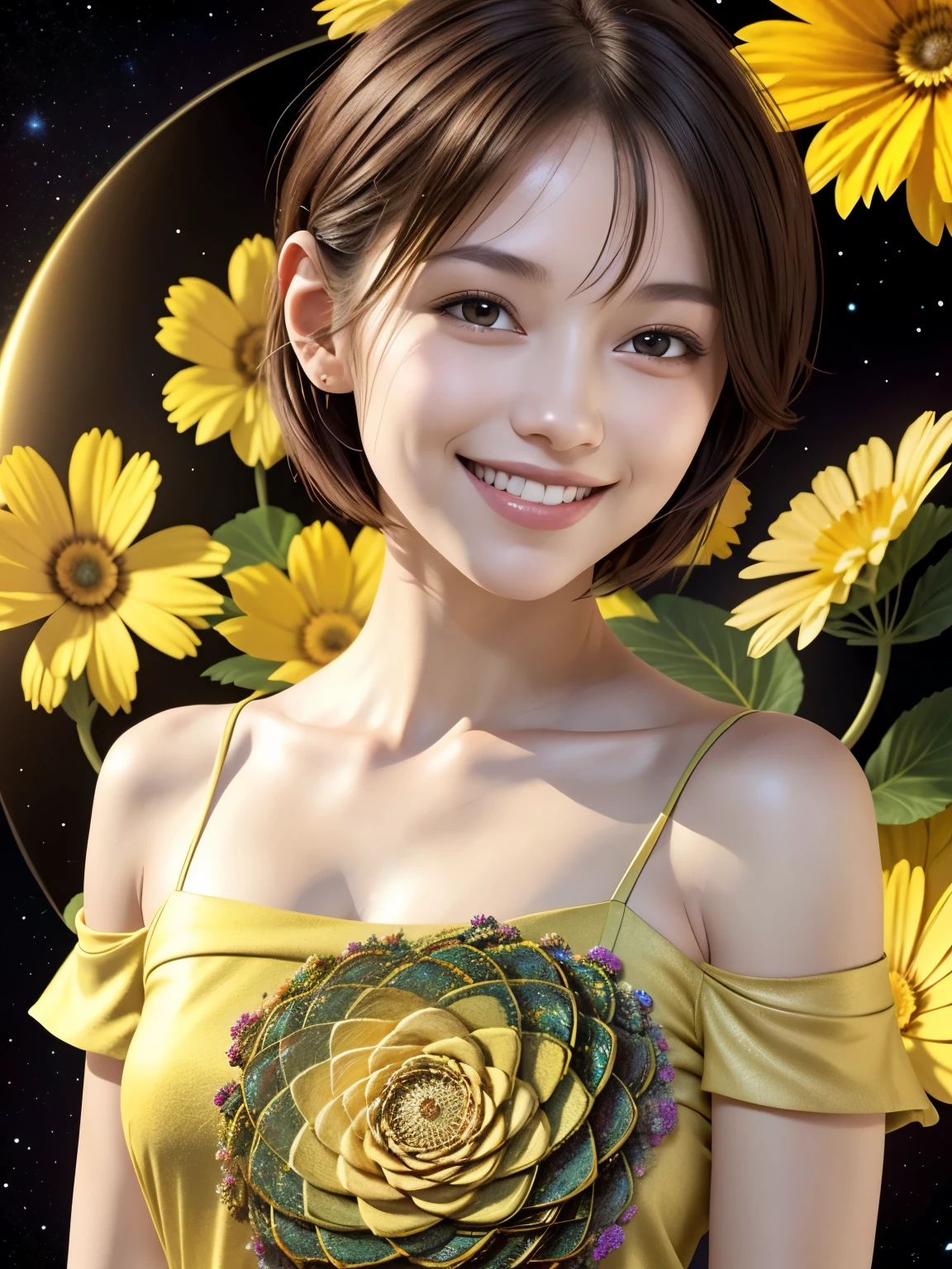 257 20-year-old female, (short hair),(Abstract background,Fractal Art), smile, flower