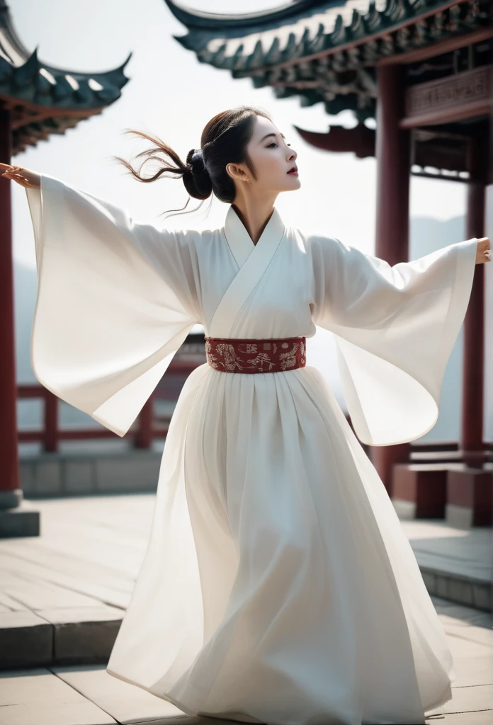 woman in intricate pure white hanbok dress,  Flying on the air like a Chinese movie, in ancient china, 