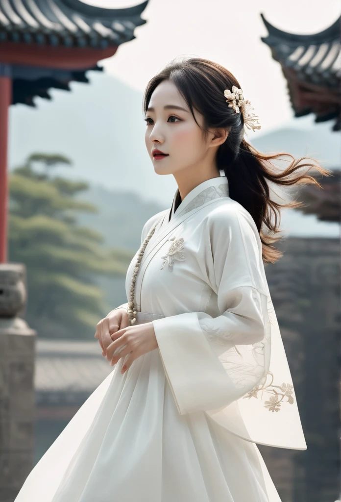 woman in intricate pure white hanbok dress,  Flying on the air like a Chinese movie, in ancient china, 