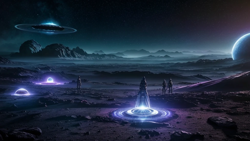 Aliens, stars on the background, lots of detail, (best quality, 4k, 8k, highres, masterpiece:1.2), ultra-detailed, (realistic, photorealistic, photo-realistic:1.37), sci-fi, vibrant colors, dark shadows, glowing eyes, metallic skin, mysterious atmosphere, futuristic technology, surreal landscape, otherworldly creatures, intricate spaceship design, cosmic energy, dynamic composition, intense contrast, extraterrestrial beings, immersive environment, celestial bodies, epic scale, mesmerizing visuals, ethereal glow, unknown planets, intergalactic travel.
