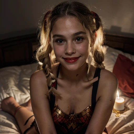 12 year old girl, blonde hair, children's pigtails hair, Caucasian facial structure, red lipstick, smile, wearing a sheer Wonder Woman cosplay, she in a dark bedroom lit by candles,