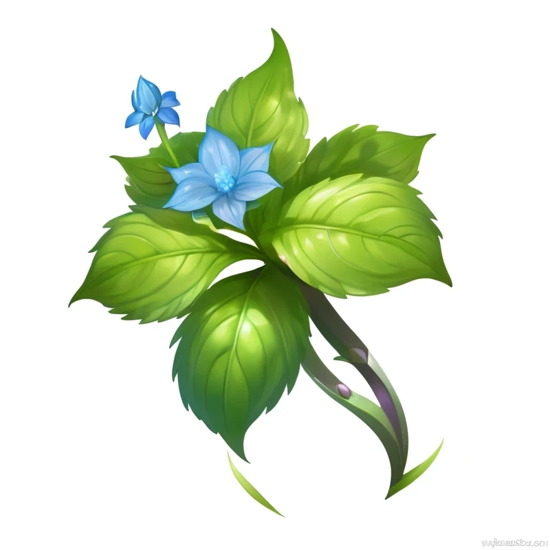 Close up of a flower with leaves and a blue flower, ( ( Fantasy Plants ) ), God of Hydrangea, Different tone lily ears, Green Plants, Star-shaped alpine flower, Weed cutie mark, plant armour, Flower core, Big flower head, Plant leaves, woody foliage, unknown, Plant elves, flowers and foliage, hyacinth, stylized vegetation, basil