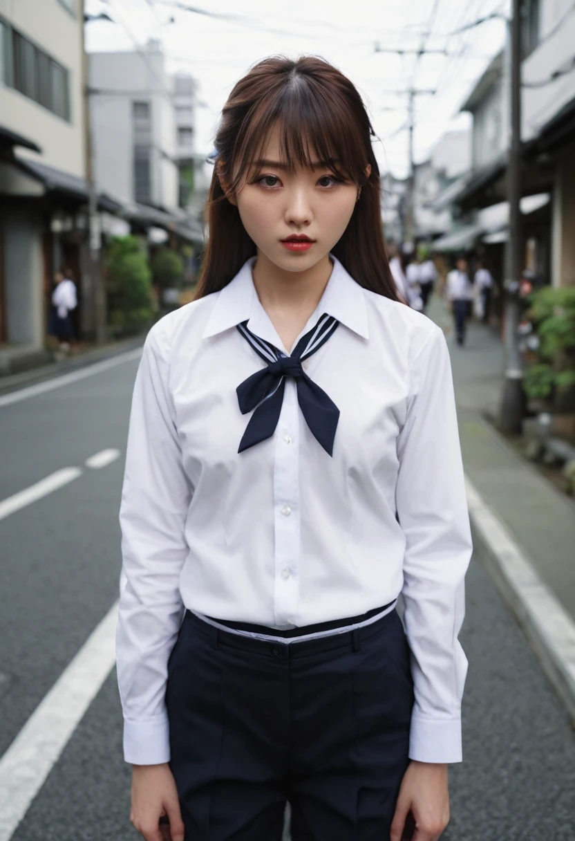 (((Realistic photograph))),, Portraiture, (Scary face:1.3),, beautiful girl, View your viewers, , (school uniform:1.2), Buttoned shirt and trousers, , (Cleavage:1),, On the streets of Japan, (Environment details:1.3),, (RAWphotograph, CG unity, photograph, ultra Realistic details, Sharp focus, Detailed skin,4K, High resolution, masterpiece, Highest quality, Realistic, Vibrant:1.2),, (8k,4K, 超High resolution, High resolution, Professional, movieのような, movie, dramatic),, (Anamorphic depth of field blur background), Detailed Background,
