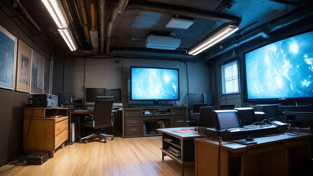 ((Highest quality)), ((masterpiece)), (detailed), The only light is from the TV A pile of old cathode ray tube televisions Composition looking up from below There are no chairs, desks or other furniture. Pitch-dark room More than 10 CRT TVs