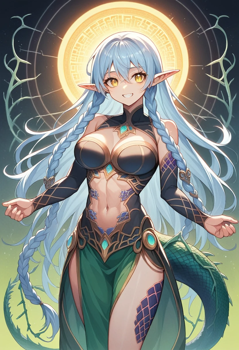 masterpiece, best quality, ultra-detailed,very detailed illustrations, extremely detailed, super complex details,extremely detailed 8k cg wallpaper,(beautiful and aesthetic:1.2), (1girl), (fractal art:1.3), icon size, cute young girl, light blue hair, long hair, small braids hair, yellow eyes, elf ears, dragon tail, dragon thorn, muscular body, big breast, smile
