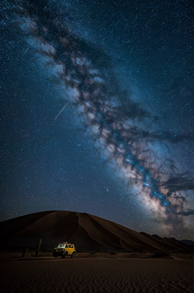 Desert, meteor shower, lots of shooting stars