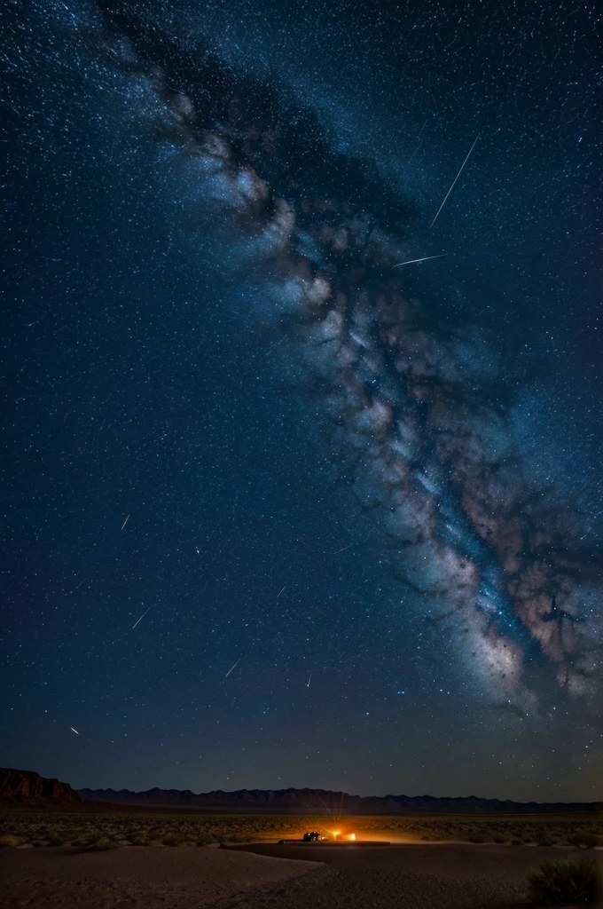 Desert, meteor shower, lots of shooting stars