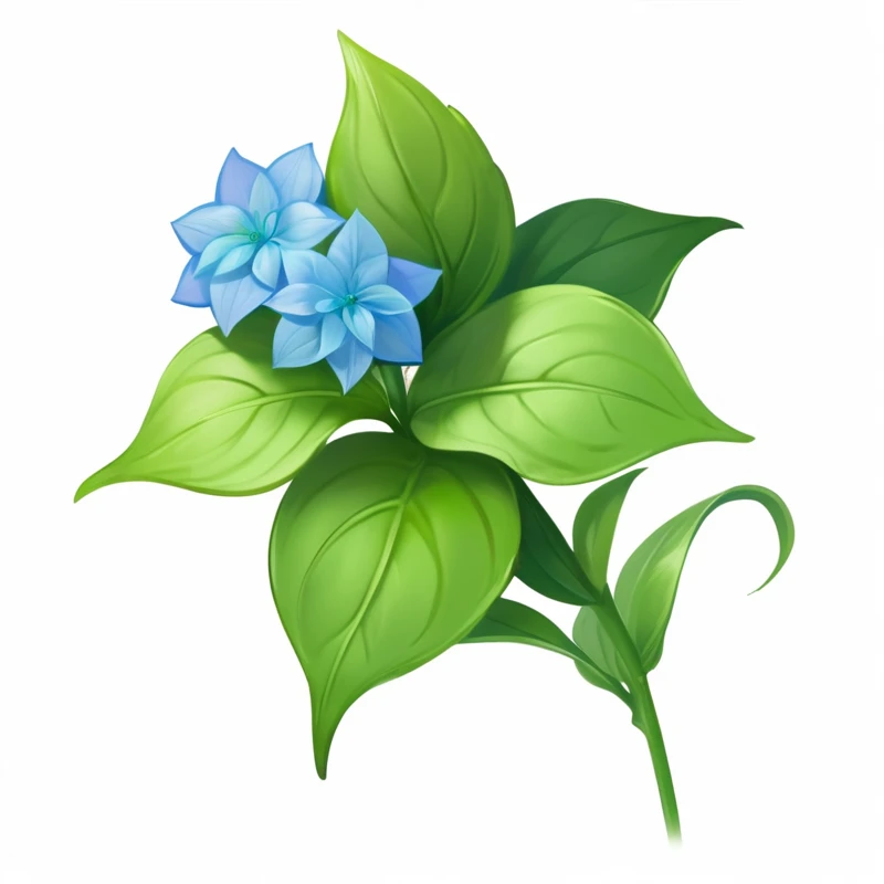 Close up of a flower with leaves and a blue flower, ( ( Fantasy Plants ) ), God of Hydrangea, Different tone lily ears, Green Plants, Star-shaped alpine flower, Weed cutie mark, plant armour, Flower core, Big flower head, Plant leaves, woody foliage, unknown, Plant elves, flowers and foliage, hyacinth, stylized vegetation, basil