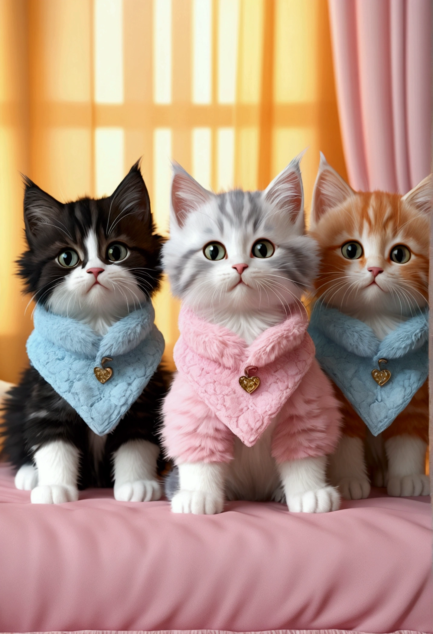 A group of kittens wearing fluffy pants, anime style, ultra-detailed, (best quality,8k,highres,masterpiece:1.2),ultra-detailed,(realistic,photorealistic,photo-realistic:1.37),HDR,UHD,studio lighting,ultra-fine painting,sharp focus,physically-based rendering,extreme detail description,professional,vivid colors,bokeh,cute,adorable,fluffy,plush,soft,furry,playful,mischievous,bright colors,pastel colors,fantasy,whimsical,magical