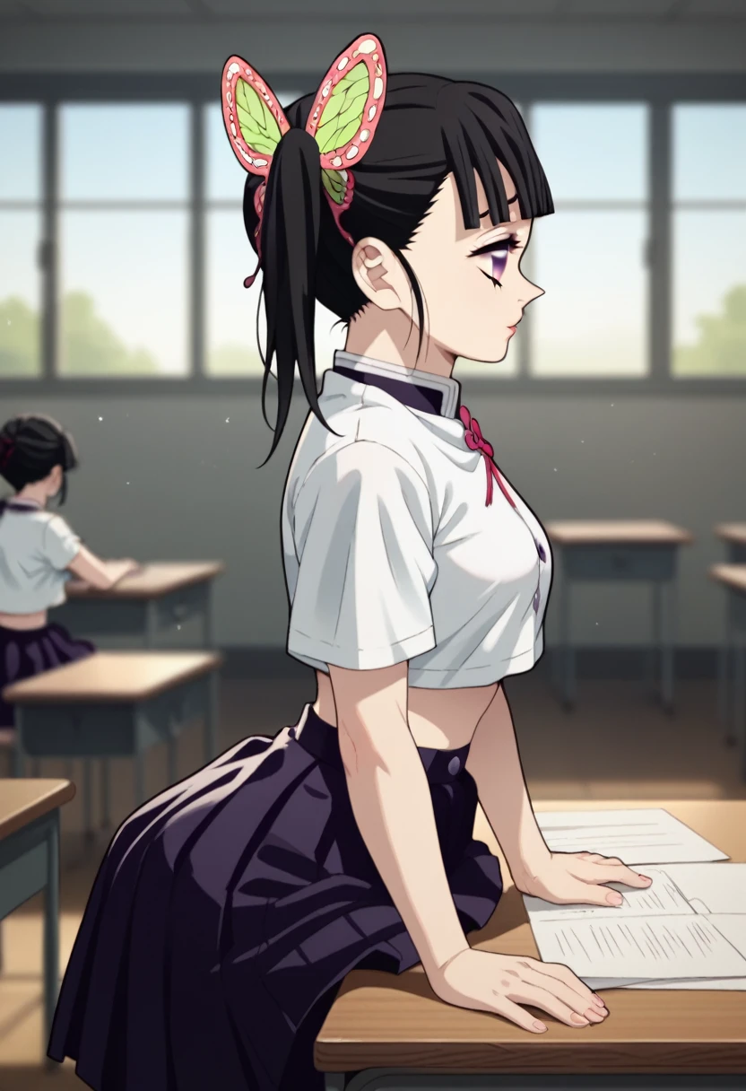 sex  vaginal, anime style, medium breasts, small ass, kanao tsuyuri (demon slayer), purple eyes, black hair, butterfly hair ornament, desk, sitting on desk, anime art style, school outfit, upskirt, crop top, skirt, indoors, classroom, side view