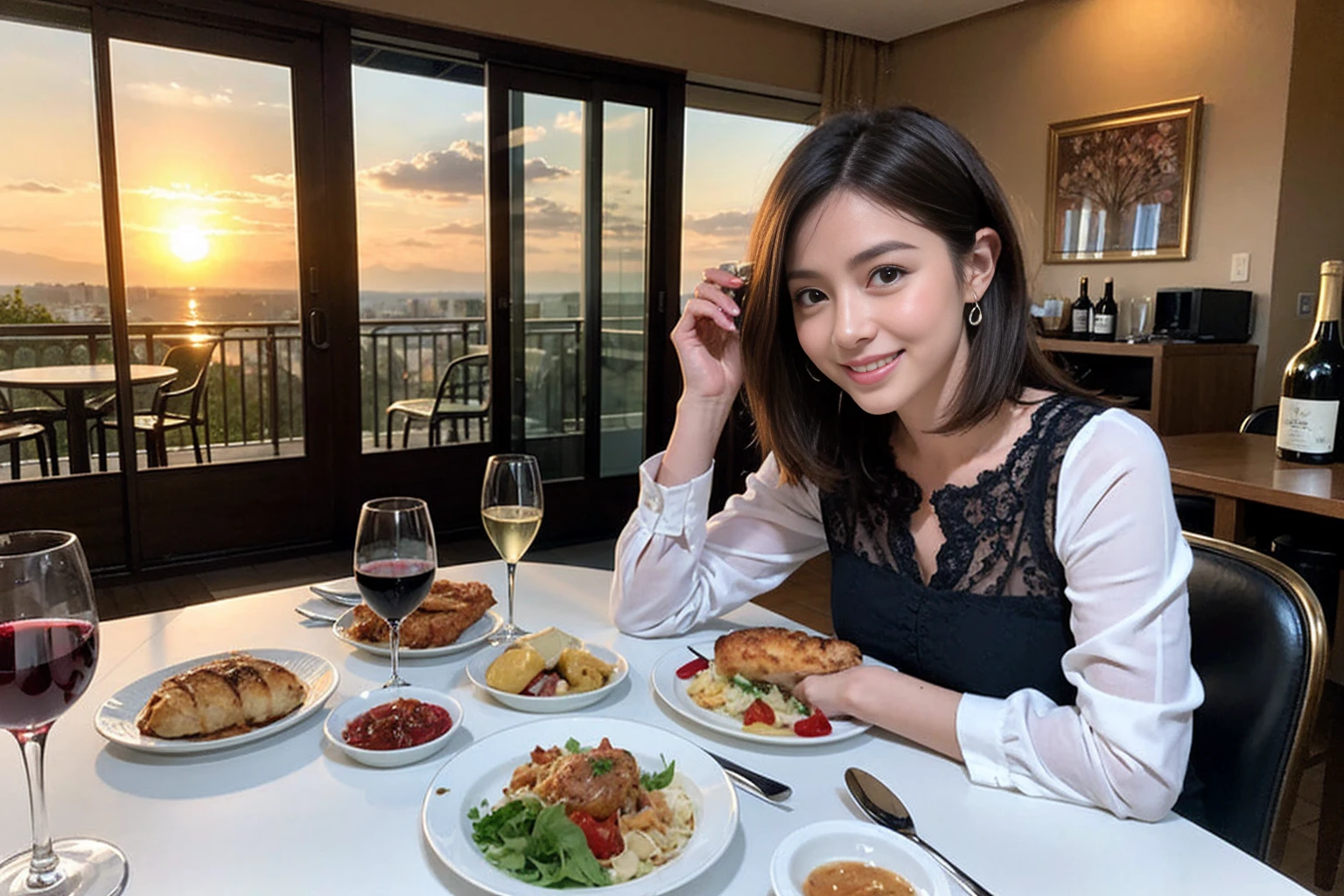 (Realistic:1.1),(masterpiece,Highest quality),8k,(40 years old), 42 years old, slimカップル、Model Couple、Actress/Actor、Tight waist,Upper Body,full-course dinner、wine 、Amazing view of the sunset sky and clouds、Perfect Anatomy, Brown Hair, Short Hair,Random Hairstyles,((Highly detailed face and eyes:1.2))(cute顔:1.4),Beautiful actress face,Perfect golden ratio face,Long sleeve shirt、dress,(smile:1.2)、Shortcuts、cute、(Realistic, Intricate details:1.2), A bright smile、short hair,Bright Face、赤wine 、Appetizers、Italian food、wine bottle、Champagne、スパークリングwine、(slimな顔), (The body is slim), (Brown Hair), (Shortcuts), Upper Body, 白wine, slim, wineグラス,