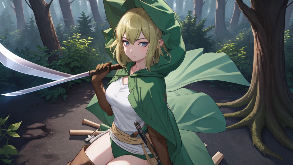 Masterpiece, Best Quality, CG, wallpaper, HDR, high quality, High Definition, extremely detailed, ryu hood, looking at the viewer, forest, trees, holding a wooden sword.