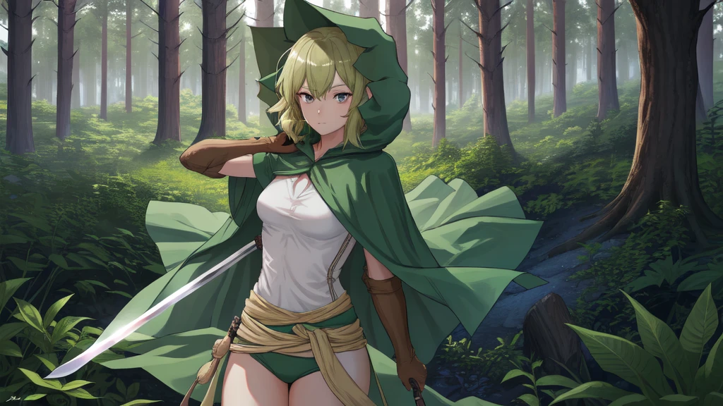 Masterpiece, Best Quality, CG, wallpaper, HDR, high quality, High Definition, extremely detailed, ryu hood, looking at the viewer, forest, trees, holding a wooden sword.
