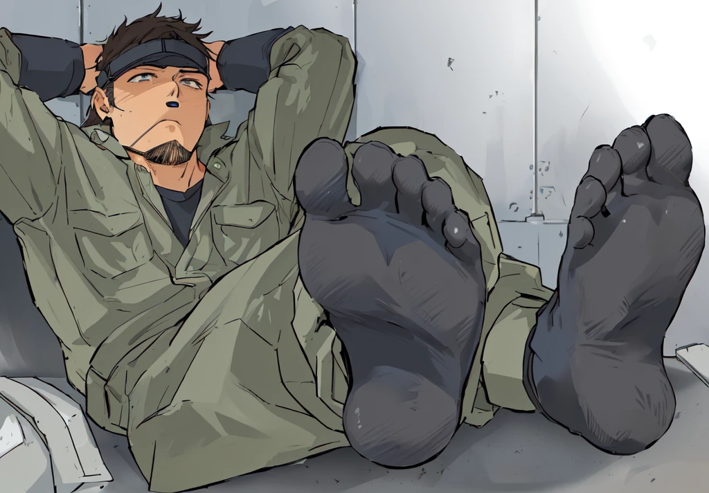 anime character laying on the floor with his feet up, resting after a hard mission, resting after a hard fight, pov furry art, from metal gear, anthro paw pov art, cell shaded adult animation, (sfw) safe for work, wearing military shoes, extreme foreshortening, snake from metal gear, focus on his foot, furry paw pov art