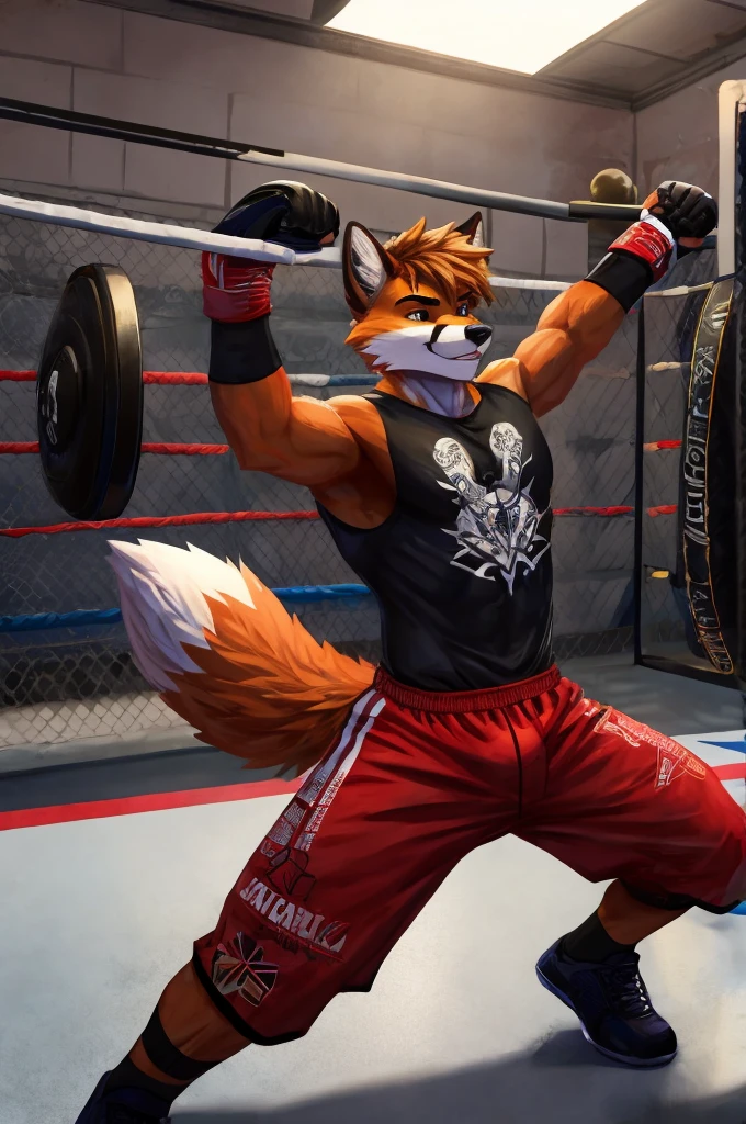 AN anthropomorphic teenage male fox who is an MMA fighter while he is training.