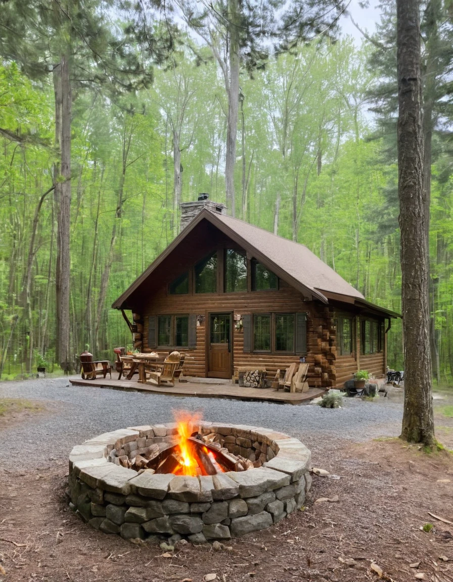 arafed log cabin with a fire pit in front of it, cottage in the woods, log cabin, cabin in the woods, log homes, cottage in the forest, cozy place, cozy setting, cottagecore!!, all in the amazing outdoors view, a brick cabin in the woods, outdoor campfire pit, nestled in a forest, luxurious wooden cottage