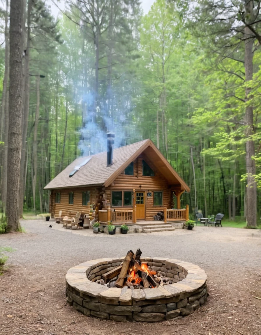 arafed log cabin with a fire pit in front of it, cottage in the woods, log cabin, cabin in the woods, log homes, cottage in the forest, cozy place, cozy setting, cottagecore!!, all in the amazing outdoors view, a brick cabin in the woods, outdoor campfire pit, nestled in a forest, luxurious wooden cottage