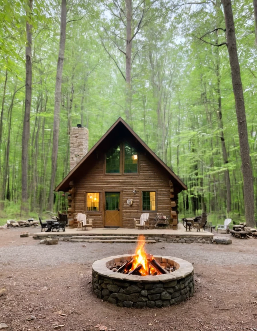 arafed log cabin with a fire pit in front of it, cottage in the woods, log cabin, cabin in the woods, log homes, cottage in the forest, cozy place, cozy setting, cottagecore!!, all in the amazing outdoors view, a brick cabin in the woods, outdoor campfire pit, nestled in a forest, luxurious wooden cottage