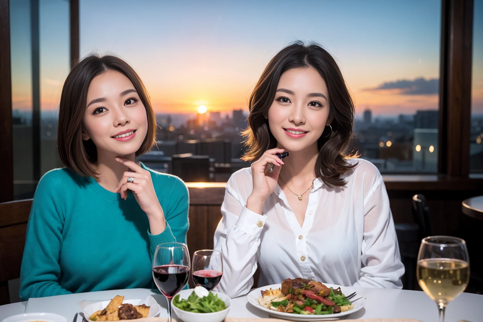 （Realistic:1.1）,(masterpiece,Highest quality)，8k,(38 years old), 42 years old, slimカップル、Model Couple、Actress/Actor、Tight waist,Upper Body,full-course dinner、wine 、Amazing view of the sunset sky and clouds、Perfect Anatomy, Brown Hair, Short Hair,Random Hairstyles,((Highly detailed face and eyes:1.2))(cute顔:1.4)，Beautiful actress face，Perfect golden ratio face，Long sleeve shirt、dress,(smile:1.2)、Shortcuts、cute、(Realistic, Intricate details:1.2), A bright smile、short hair,Bright Face、赤wine 、Appetizers、Italian food、wine bottle、Champagne、スパークリングwine、(slimな顔), (The body is slim), (Brown Hair), (Shortcuts),  Upper Body, 白wine, slim, wineグラス, 