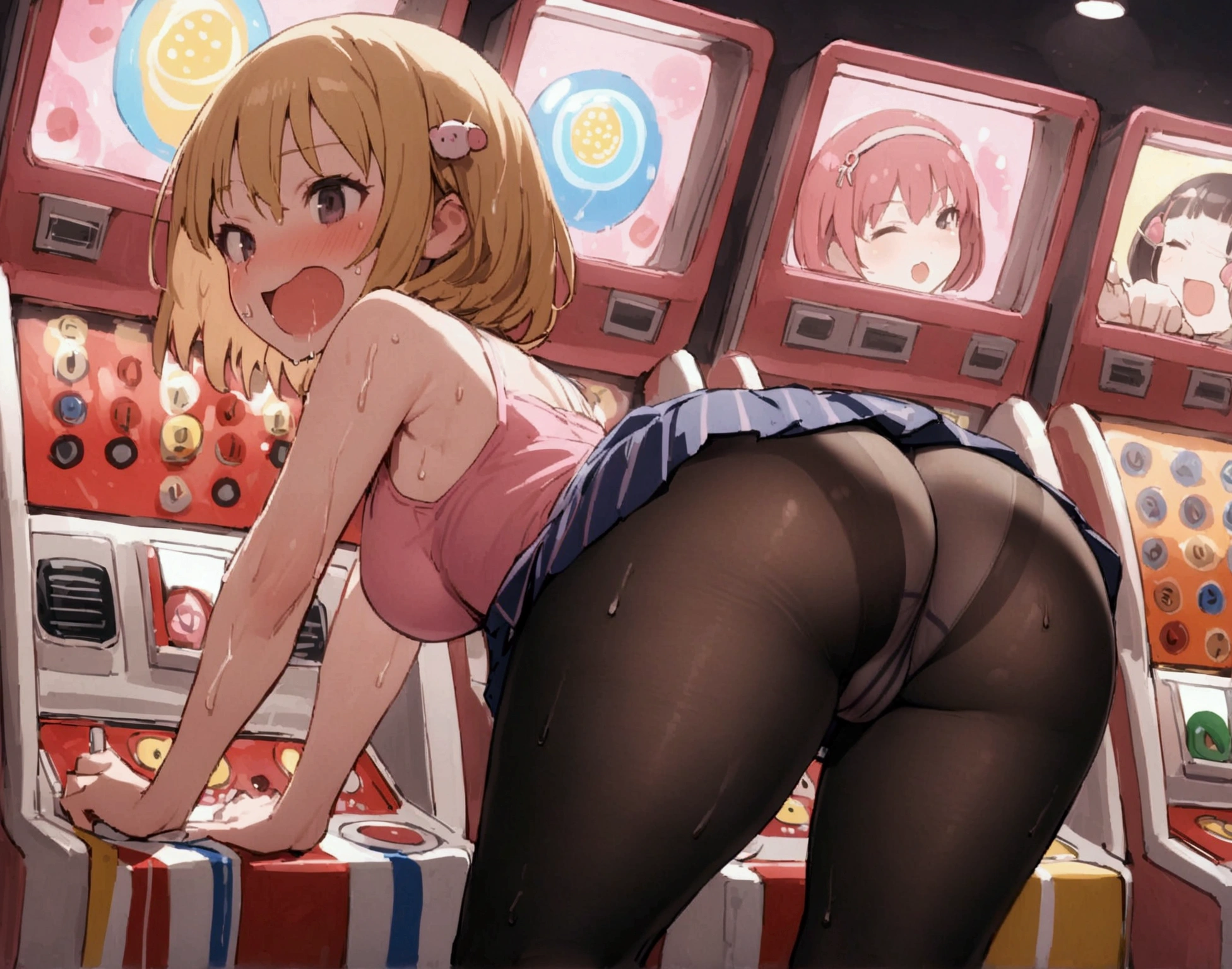 One Woman、Pachinko parlor、Hitting a slingshot、Sit on a chair、Place one&#39;s hand on the handle of a pachinko machine、Play pachinko、Facing the pachinko machine、Take the wheel、Facing the pachinko machine、Large crowd、beautiful girl, Highest quality,  Black Pantyhose、Short tight skirt、panties under pantyhose、Thick thighs、Big 、Big Ass、Short Hair、Sweaty body、Sweaty crotch、Orgasmic face、Dirty sound effects、Ecstasy in a flashy way、目の前にLarge crowd、A large number of pachinko machines、Pachinko Umi Monogatari