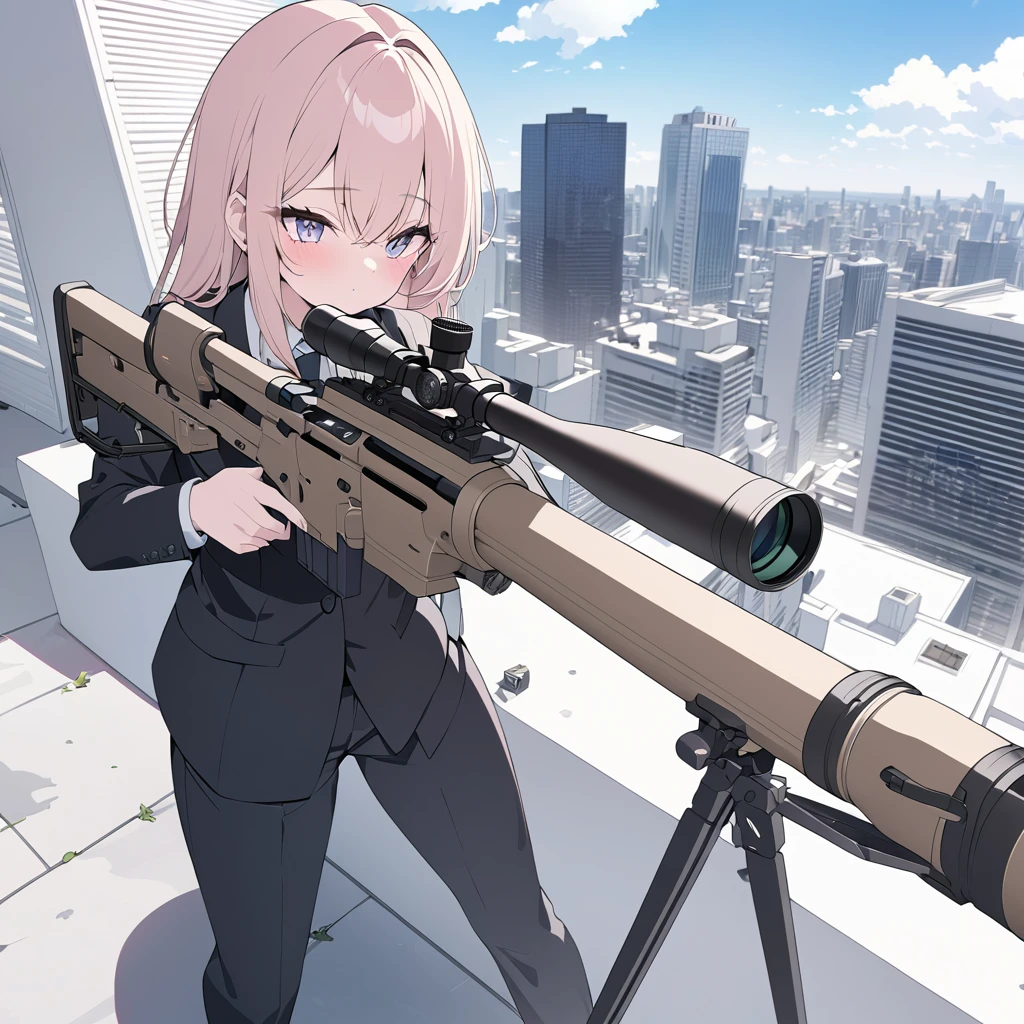 Masterpiece, ultra detailed, beautiful,Super Saturation, anime style, sniper, secret service, sniper rifle, black suit,AWM,Set up a sniper rifle from the rooftop,CS LR4 Precision Sniper System,look through the scope