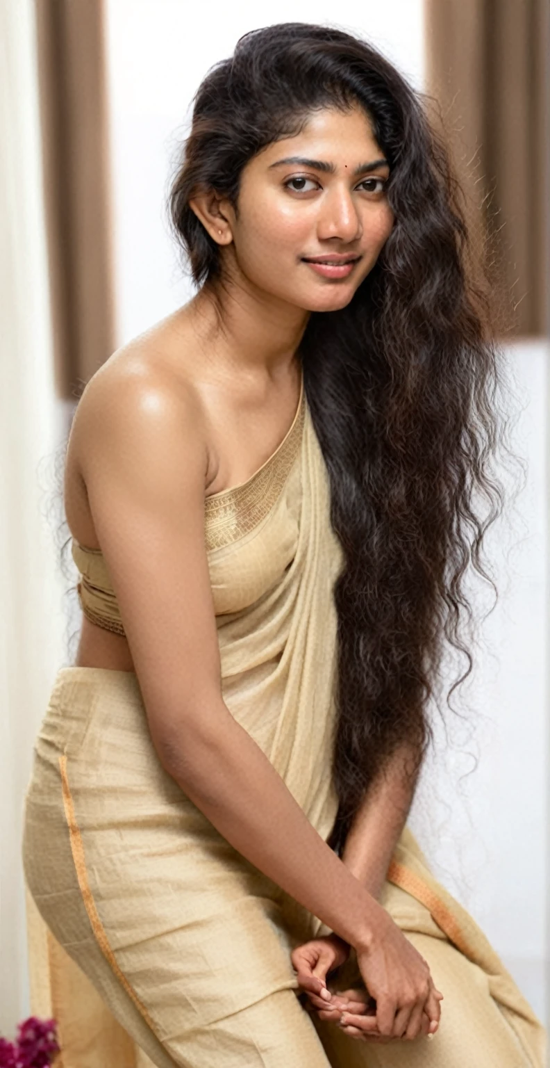 ultrarealistic hires nude photo of a 30-year-old sai pallavi full body , bedroom,kneeling, realistic skin texture, nipple show,pussy show, spreading legs