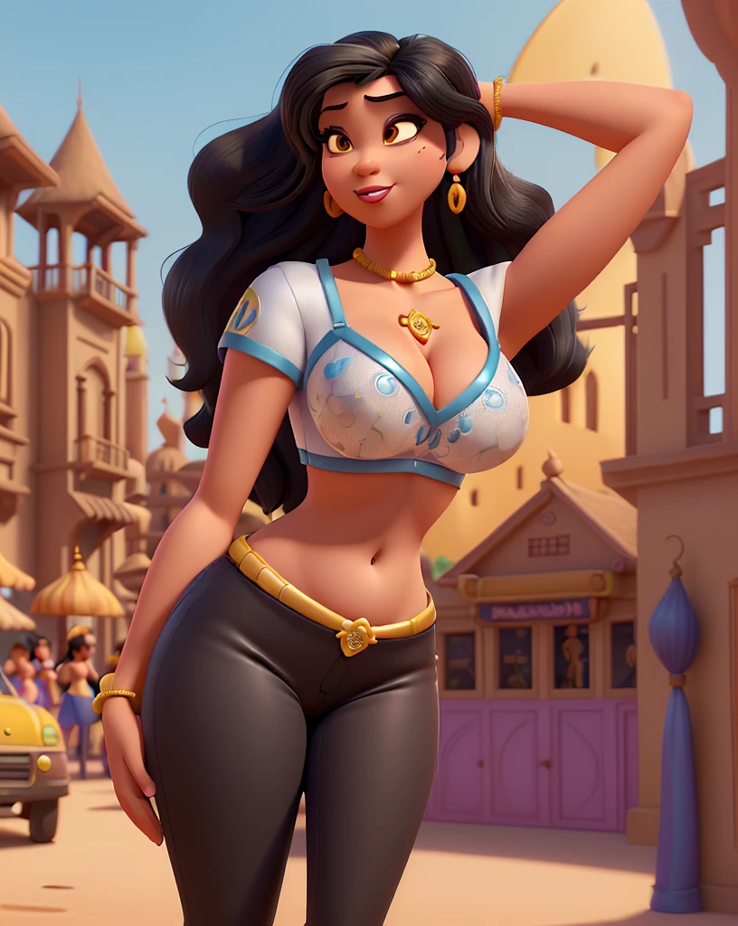 Cartoonized, Jasmine, Disney Princess, black hair, midriff top, solo, detailed, high quality, 4K, athletic figure, 34B breasts, sultry expression, exotic marketplace background with colorful fabrics, intricate architecture, and bustling crowds, warm colors, cleavage visible, nipples slightly visible.
