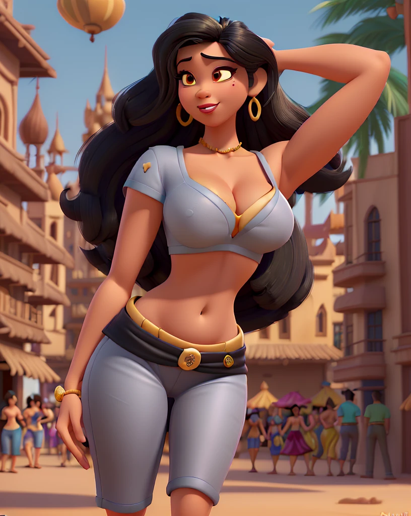 Cartoonized, Jasmine, Disney Princess, black hair, midriff top, solo, detailed, high quality, 4K, athletic figure, 34B breasts, sultry expression, exotic marketplace background with colorful fabrics, intricate architecture, and bustling crowds, warm colors, cleavage visible, nipples slightly visible.