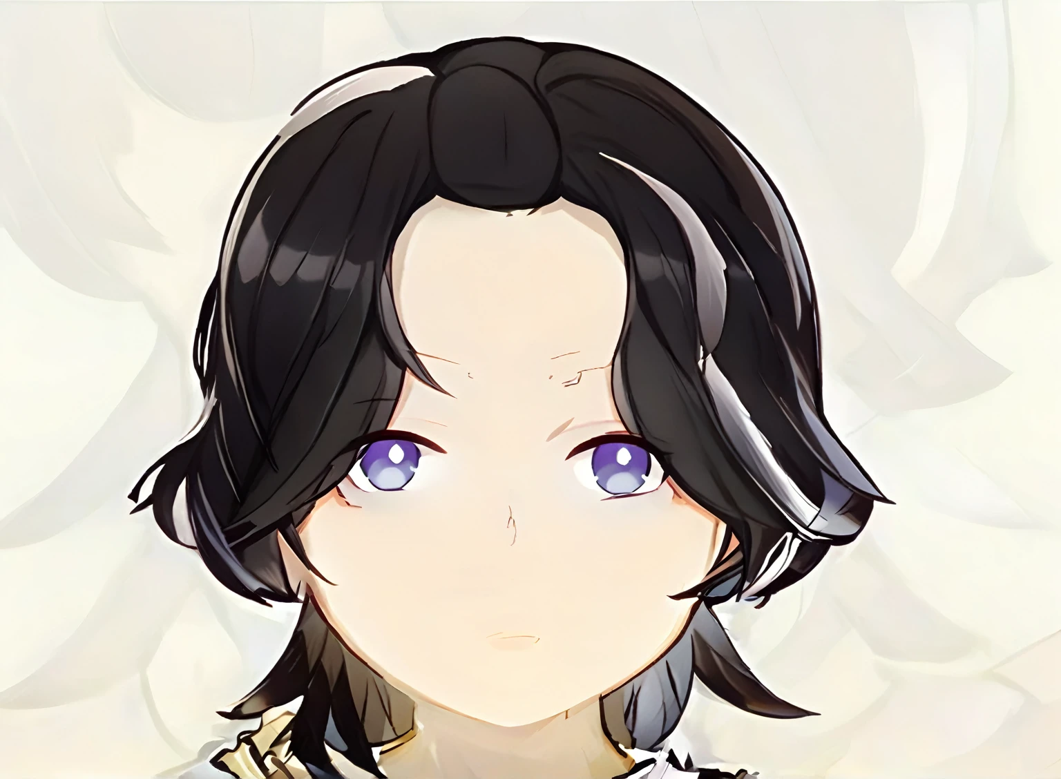Chibi anime style illustration of a 25-year-old male character, front-facing portrait, inspired by Demon Slayer. He has black hair with a few white streaks, white spots on his skin, and heterochromatic eyes: the right eye is white and the left eye is black. The character should have the distinct chibi proportions and expressive features typical of Demon Slayer's chibi transformations, with only the head draw