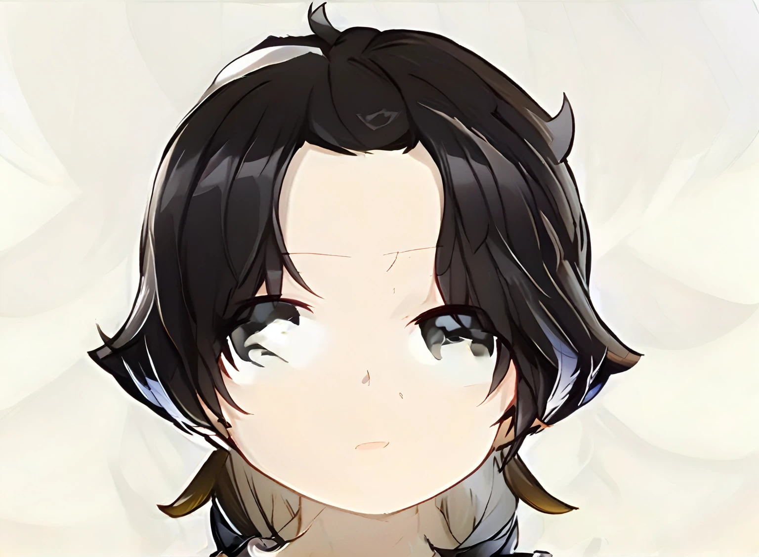 Chibi anime style illustration of a 25-year-old male character, front-facing portrait, inspired by Demon Slayer. He has black hair with a few white streaks, white spots on his skin, and heterochromatic eyes: the right eye is white and the left eye is black. The character should have the distinct chibi proportions and expressive features typical of Demon Slayer's chibi transformations, with only the head draw