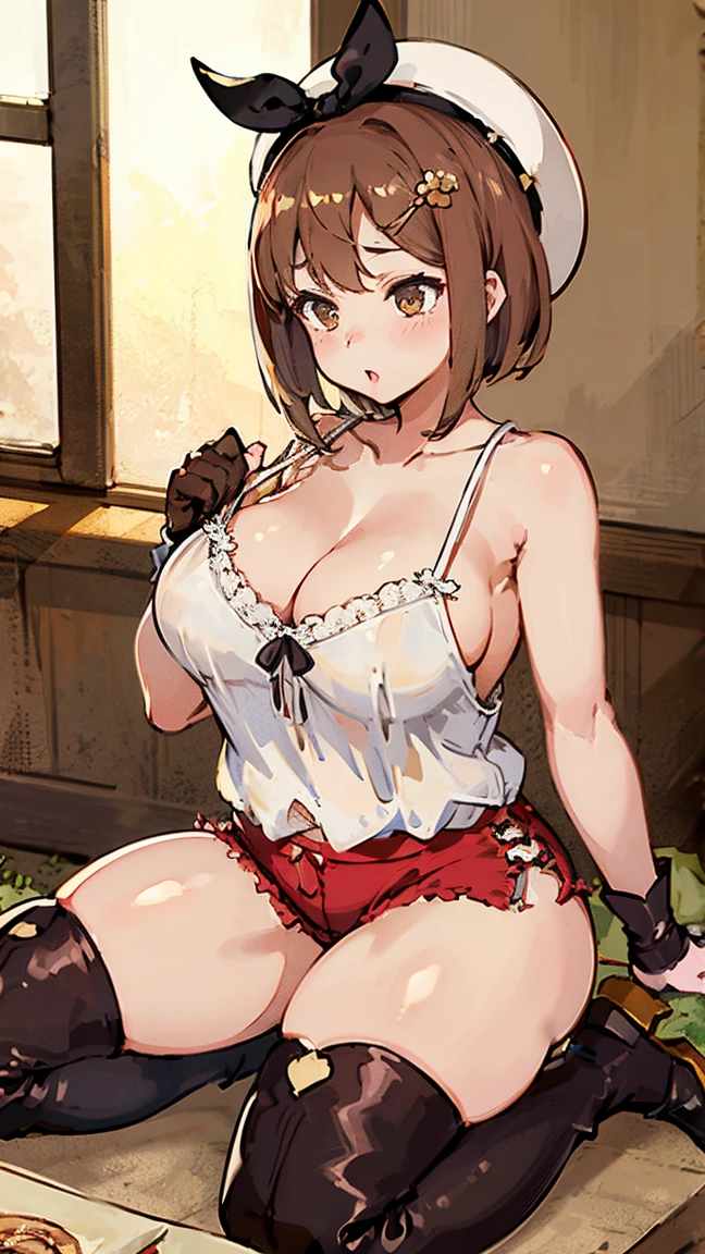 (Highest quality, 8k, masterpiece :1.3),Lizaリン・シュタウト(Lizaのアトリエ),Liza, One woman,Large Breasts,short hair,Brown Hair,hair band,Clothing,hat,White shirt,White camisole,Red shorts,Brown long boots,Blowjob,nsfw,Plump body,Thighs