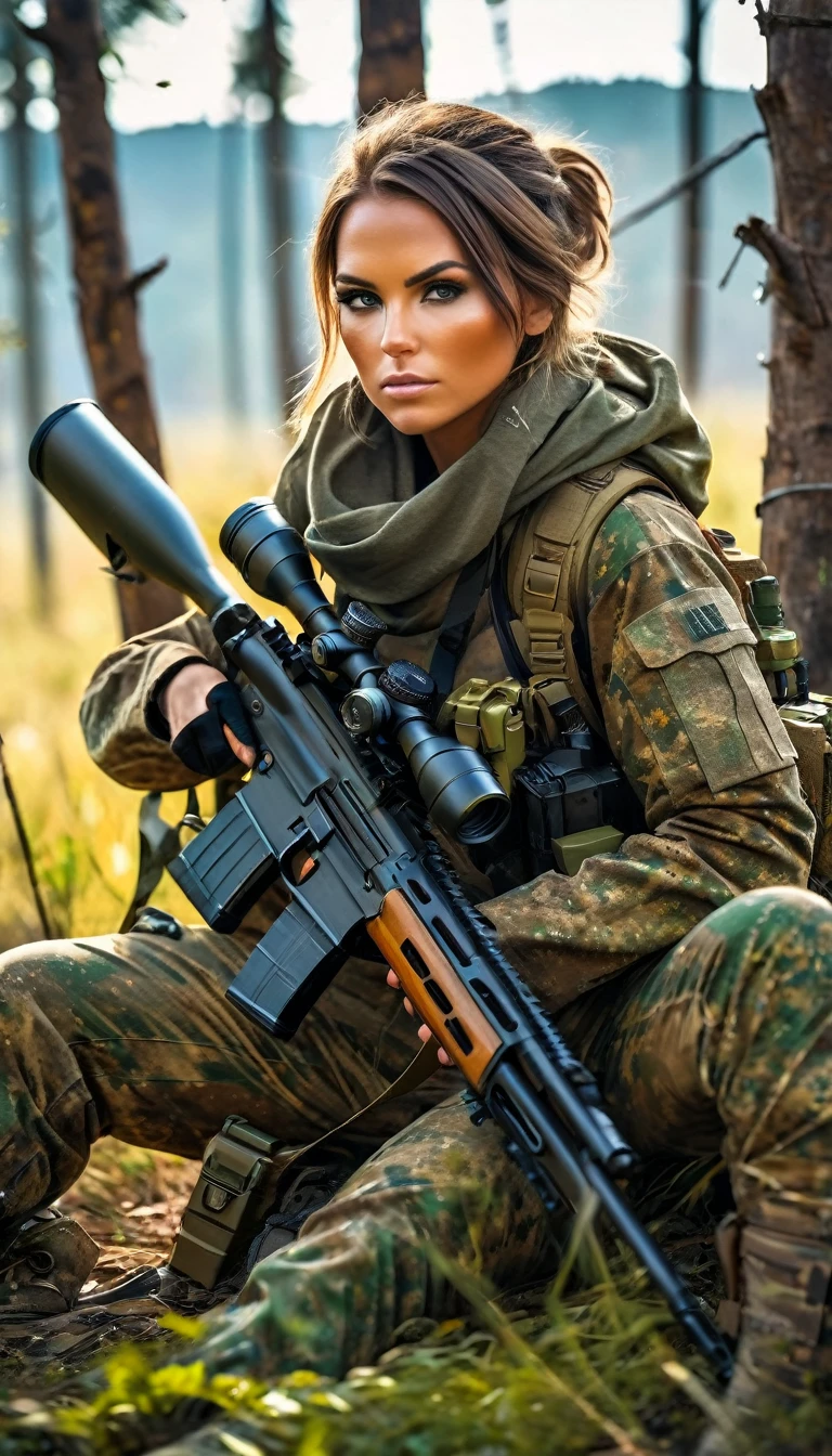 Full body shot, A photorealistic picture, best quality, realistic, full body portrait, real picture, enhanced details, depth of field, post-apocalyptic wasteland, a detailed realistic female sniper in full camouflage suit,face painted,sitting between trees,aiming huge sniper rifle resting on knee,camouflage blending into surroundings,(best quality,8k,highres,masterpiece:1.2),ultra-detailed,(realistic,photorealistic,photo-realistic:1.37),HDR,UHB,physically-based rendering,extreme detail description,vivid colors,professional military sniper portrait, real face, real silhouette, Fujifilm XT3, outdoors, morning, nice lighting, dynamic, RAW, 8k, uhd, film grain, cinematic Hollywood film style 