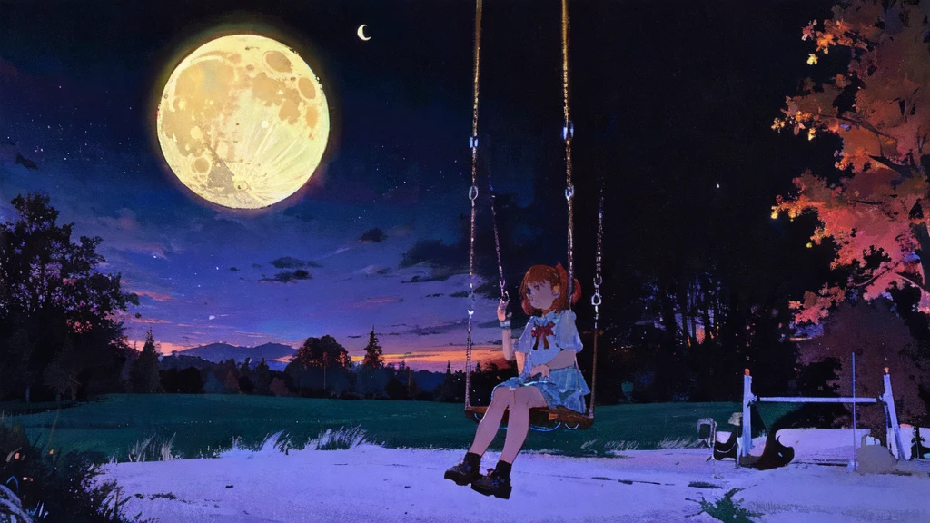 Eerie Illustration.
Make a night view of a park on a star-filled night.
A girl with long, straight hair sits on a swing in the corner of the screen, silhouetted against a large crescent moon.
There is other playground equipment.
The mood should be mysterious, with elements of serenity and eeriness mixed in.
A little horror.